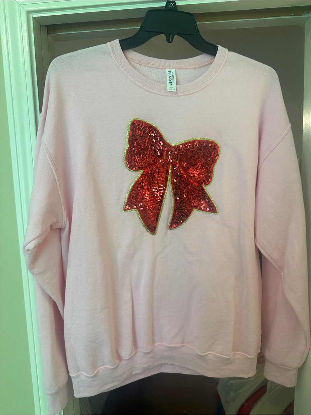 Jerzees Pink Sweatshirt with Red Sequin Bow